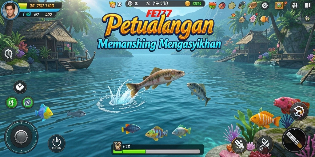 Tampilan gameplay menarik FE777 saat pemain memancing ikan besar.