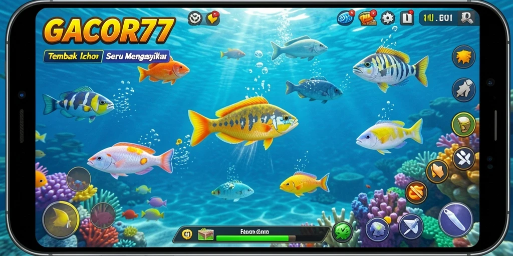 Screenshot GACOR77 menampilkan tampilan aksi menembak ikan yang seru.