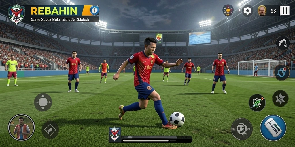 Tampilan gameplay seru dalam REBAHIN saat pertandingan sepak bola.