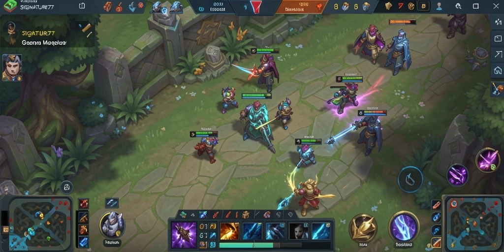 Screenshot utama <strong>SIGNATURE77</strong> menunjukkan aksi seru di arena MOBA.